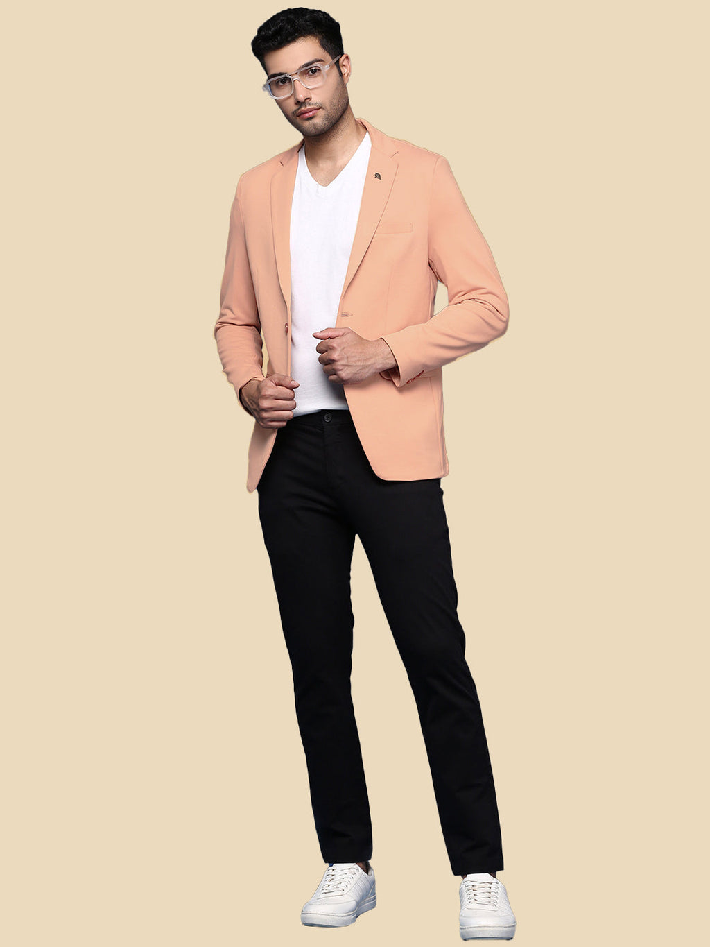 Men's Peach Solid Single Breasted Blazer