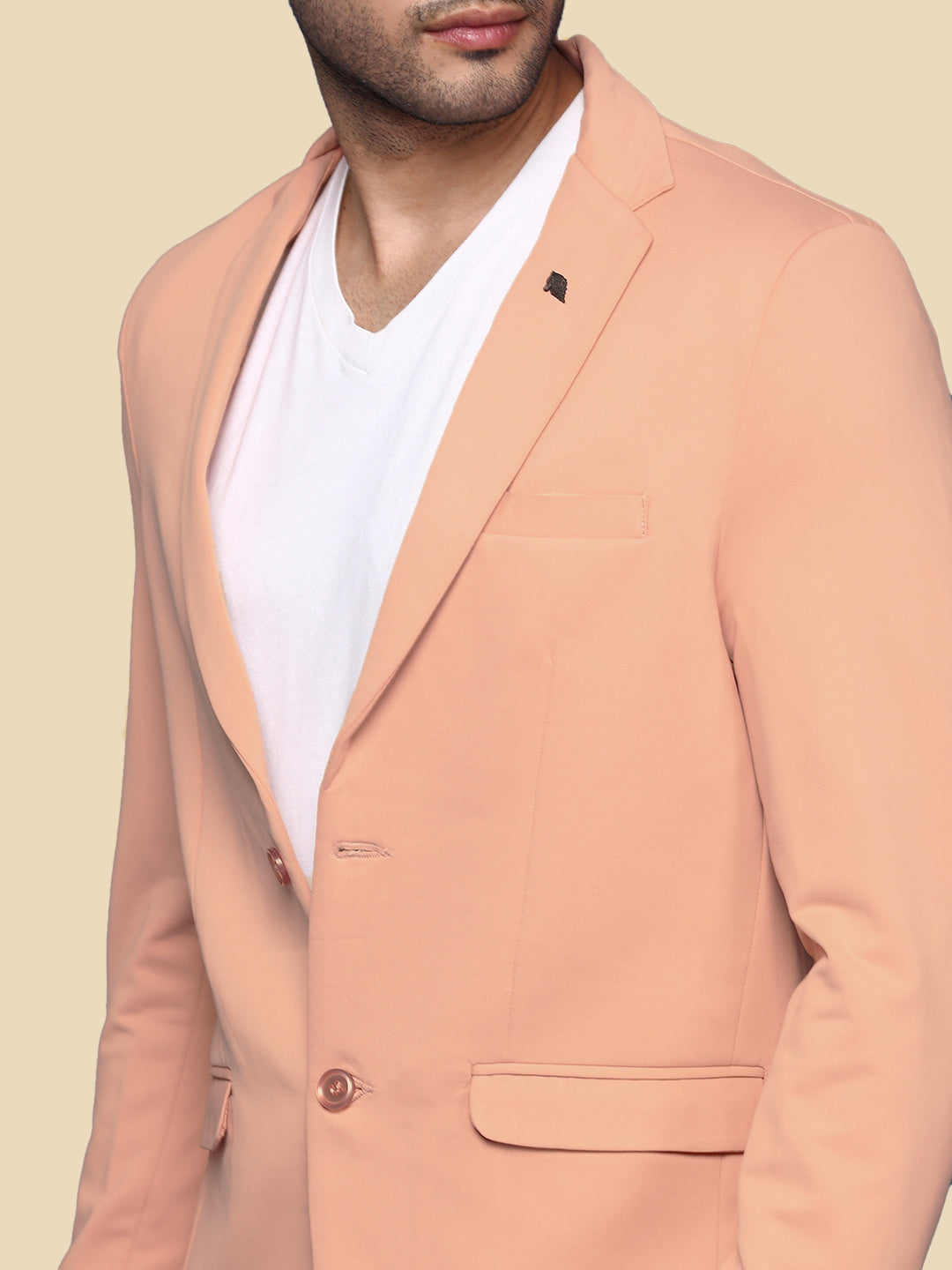 Men's Peach Solid Single Breasted Blazer