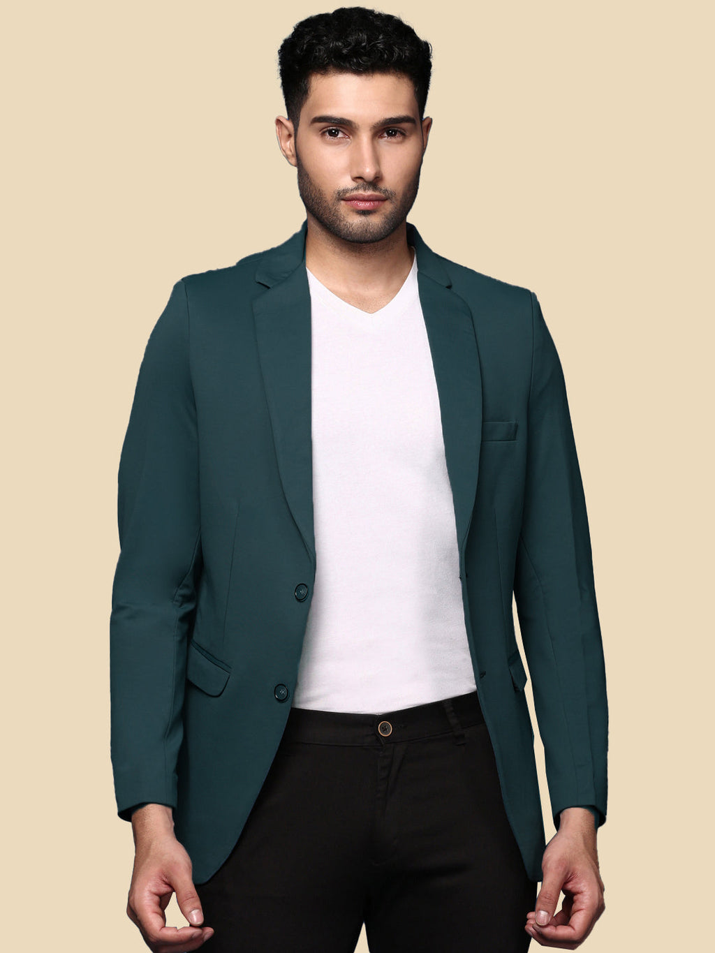 Men's Teal Solid Single Breasted Blazer