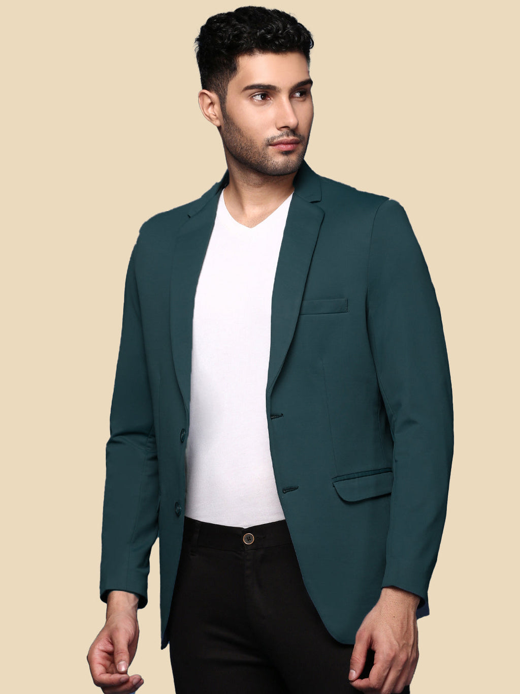 Men's Teal Solid Single Breasted Blazer