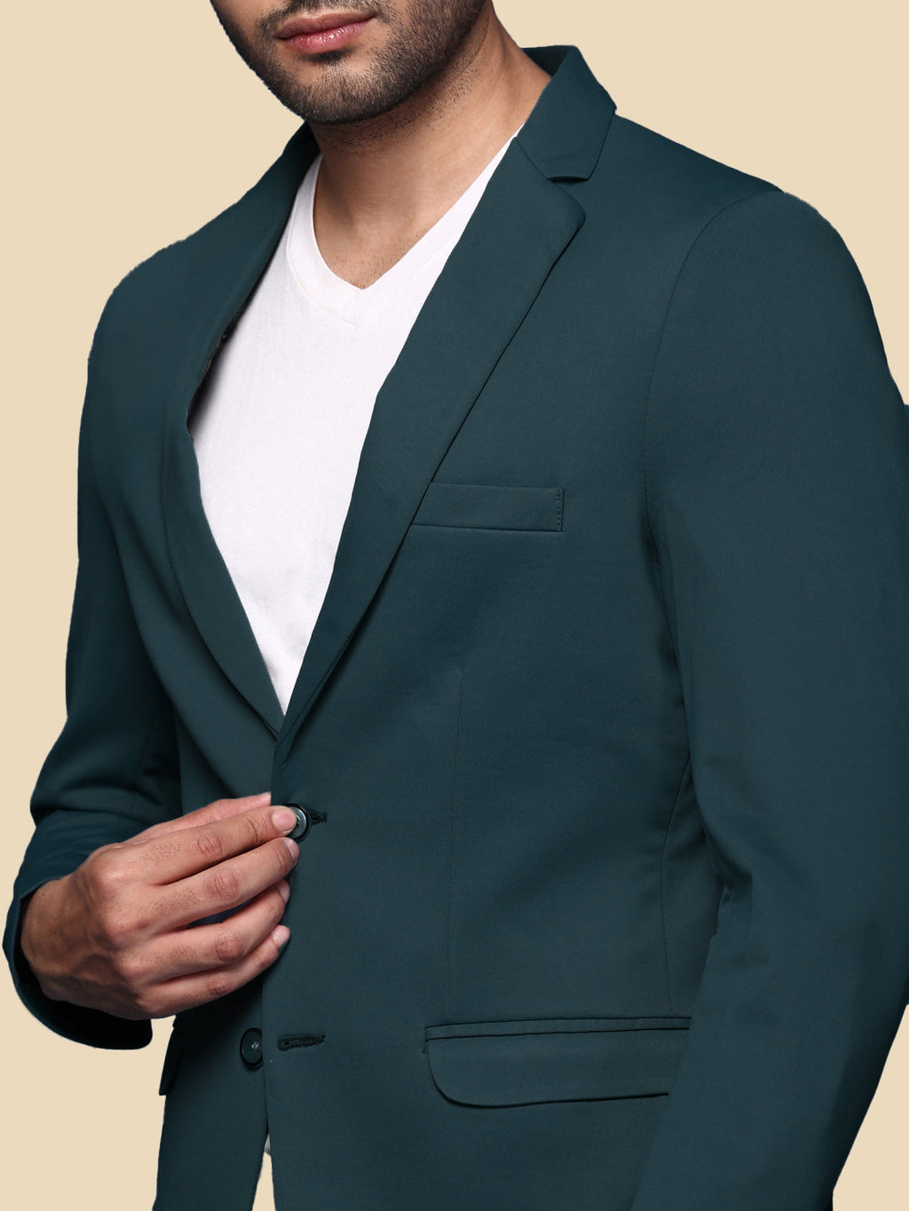 Men's Teal Solid Single Breasted Blazer