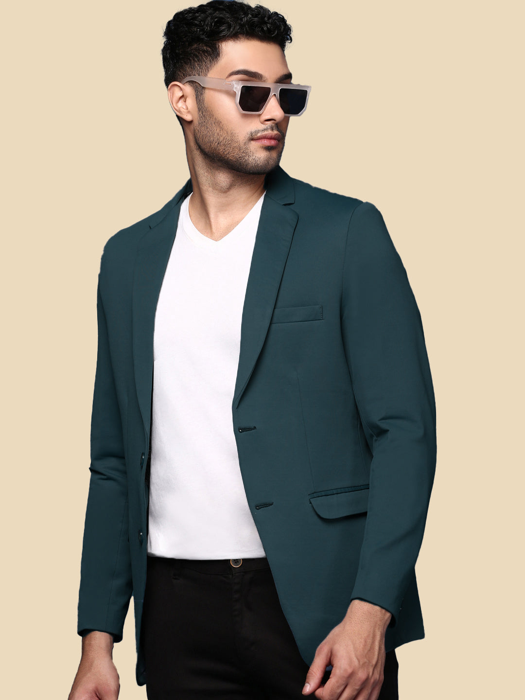 Men's Teal Solid Single Breasted Blazer