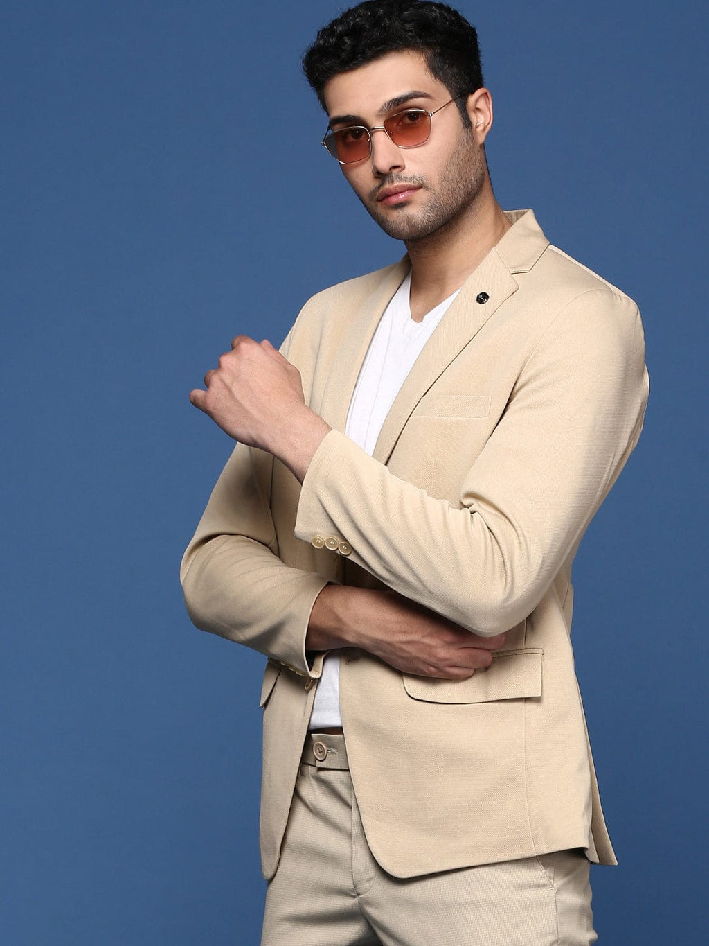 Men's Beige Slim Fit Single Breasted Cotton Blazer
