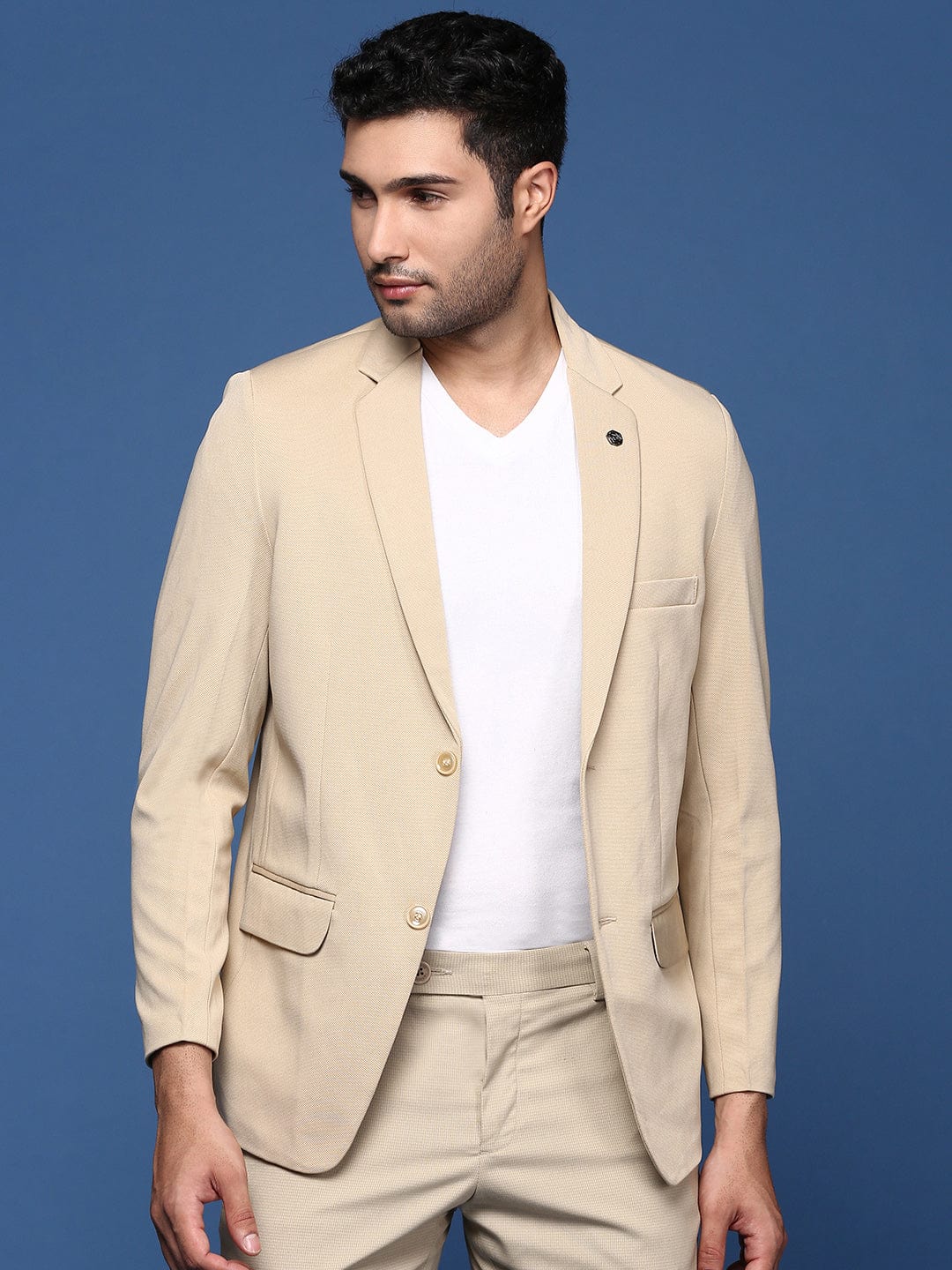 Men's Beige Slim Fit Single Breasted Cotton Blazer