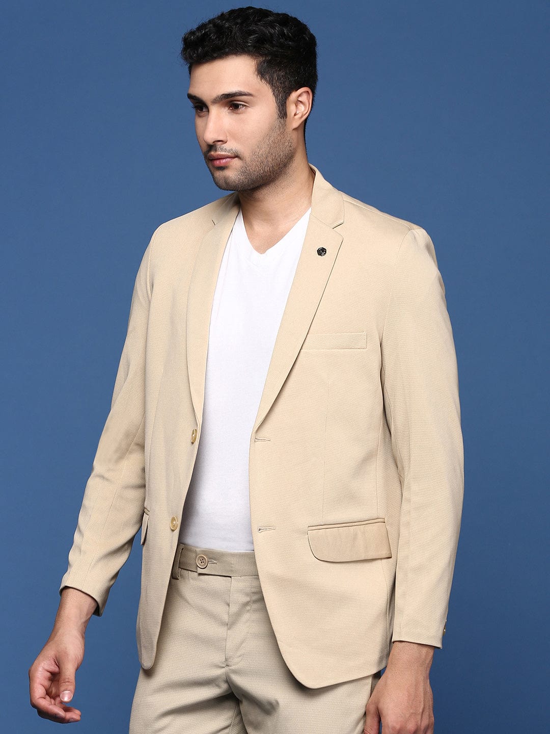 Men's Beige Slim Fit Single Breasted Cotton Blazer