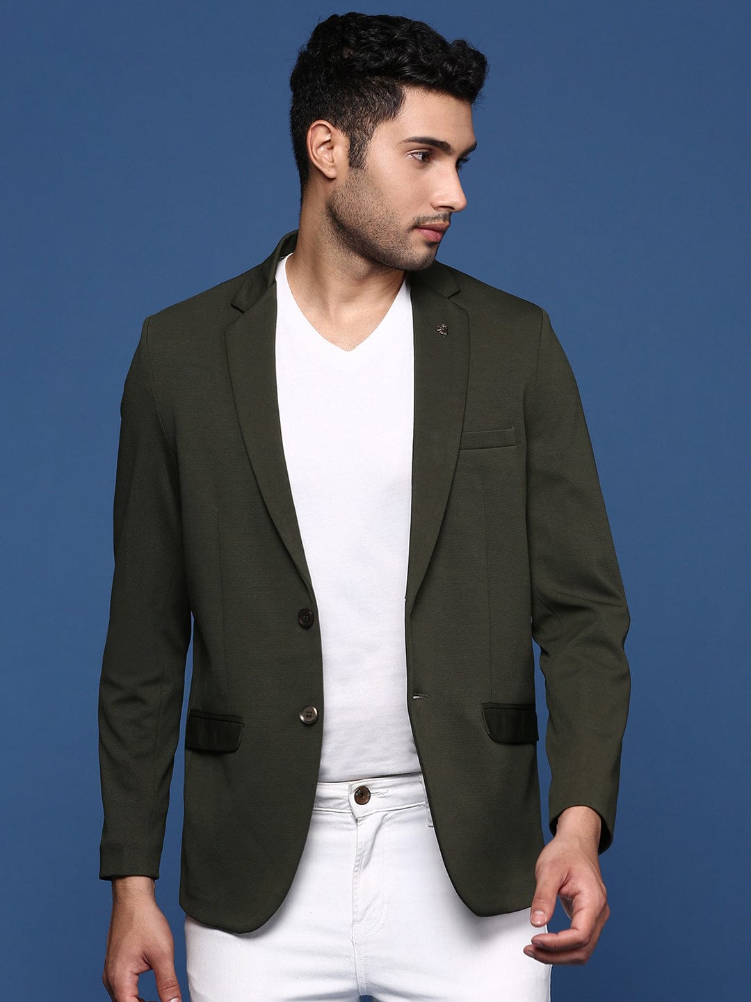 Men's Green Slim Fit Single Breasted Cotton Blazer