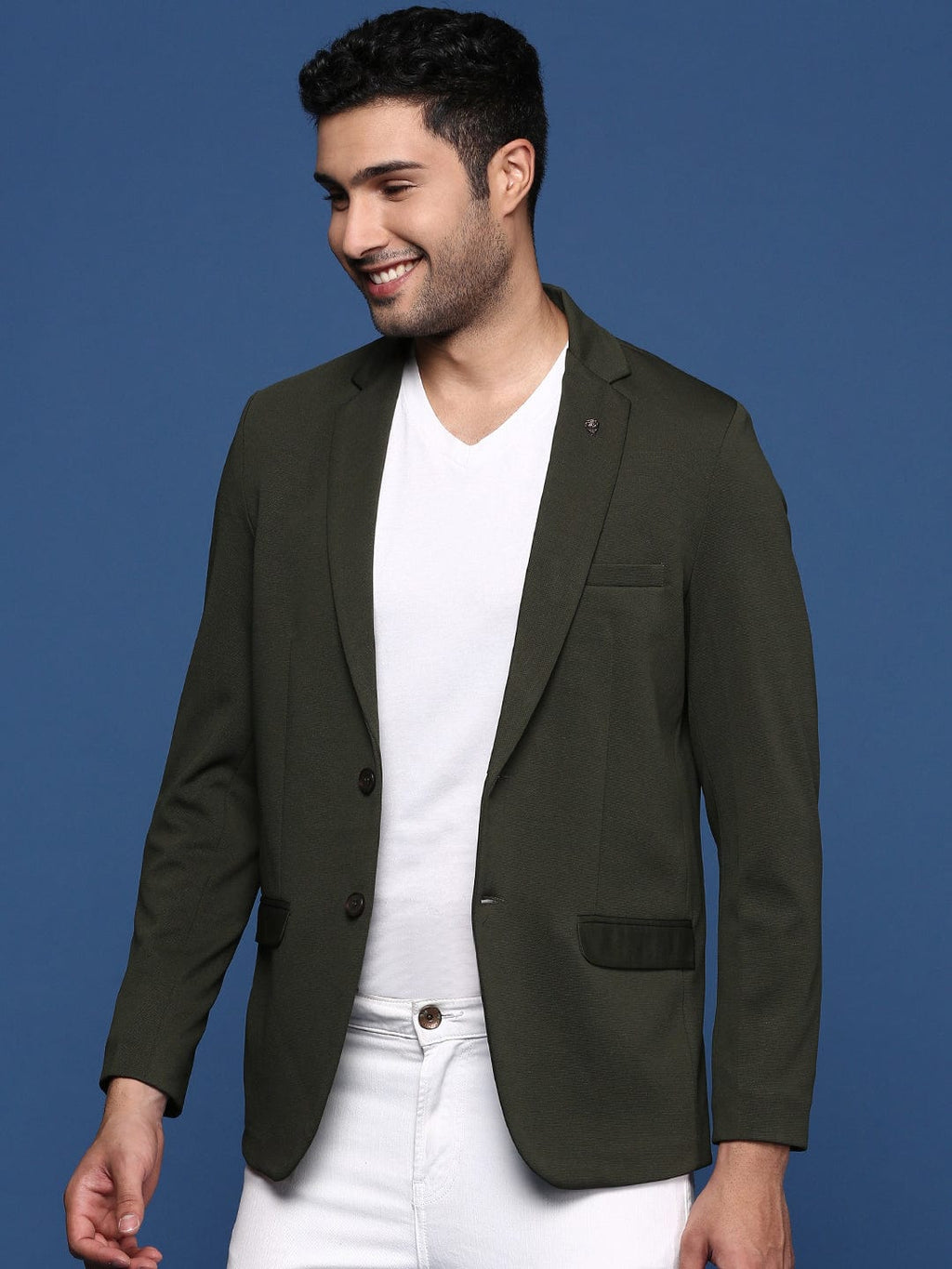 Men's Green Slim Fit Single Breasted Cotton Blazer