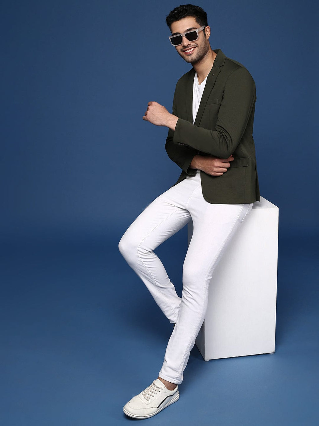 Men's Green Slim Fit Single Breasted Cotton Blazer