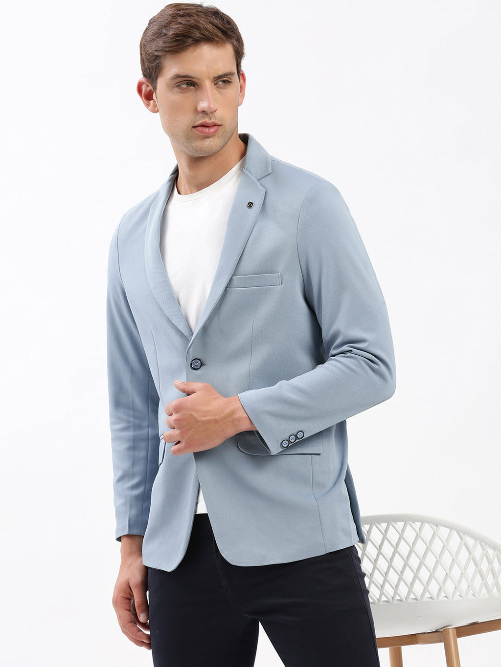 Men's Blue Slim-Fit Notched Lapel Dobby Single Breasted Blazer