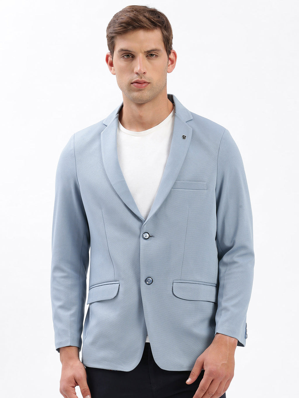 Men's Blue Slim-Fit Notched Lapel Dobby Single Breasted Blazer