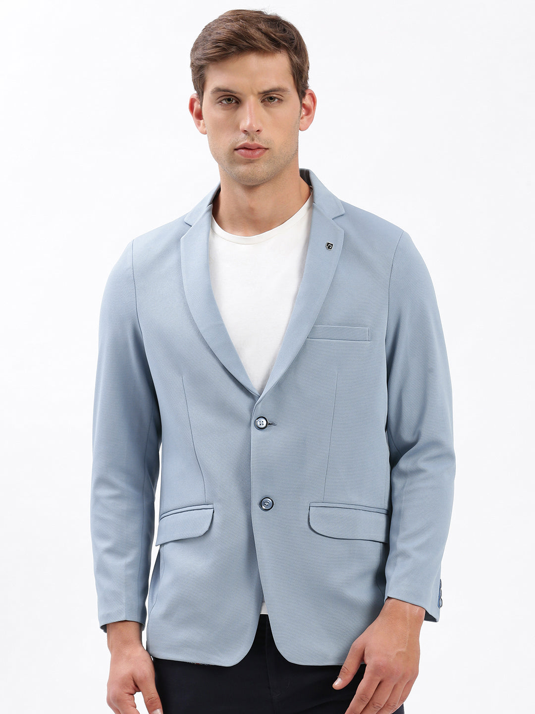 Men's Blue Slim-Fit Notched Lapel Dobby Single Breasted Blazer