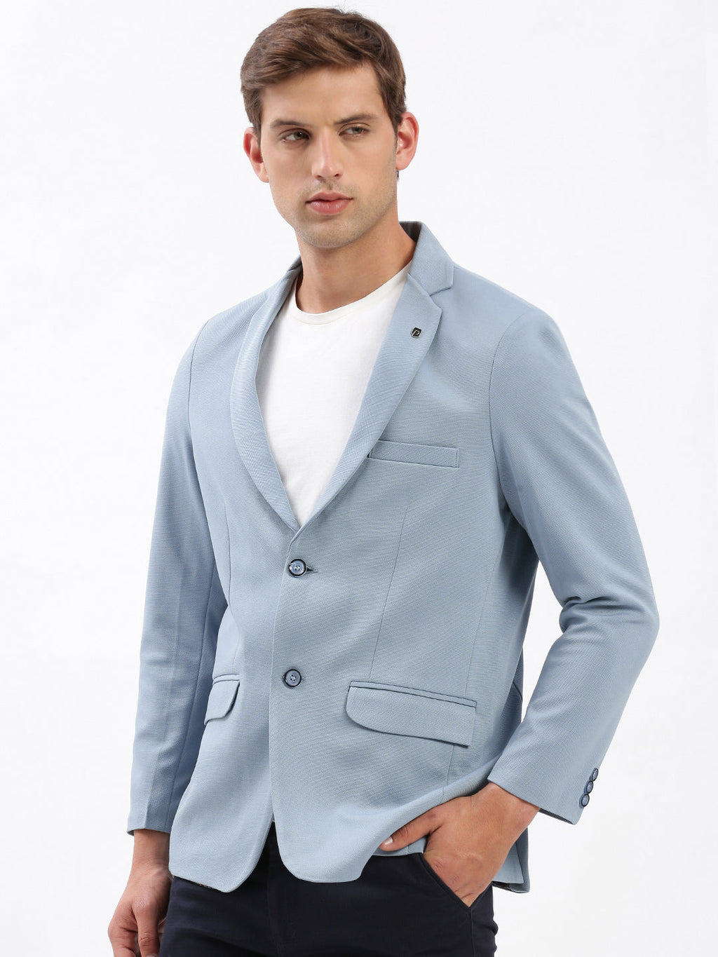 Men's Blue Slim-Fit Notched Lapel Dobby Single Breasted Blazer