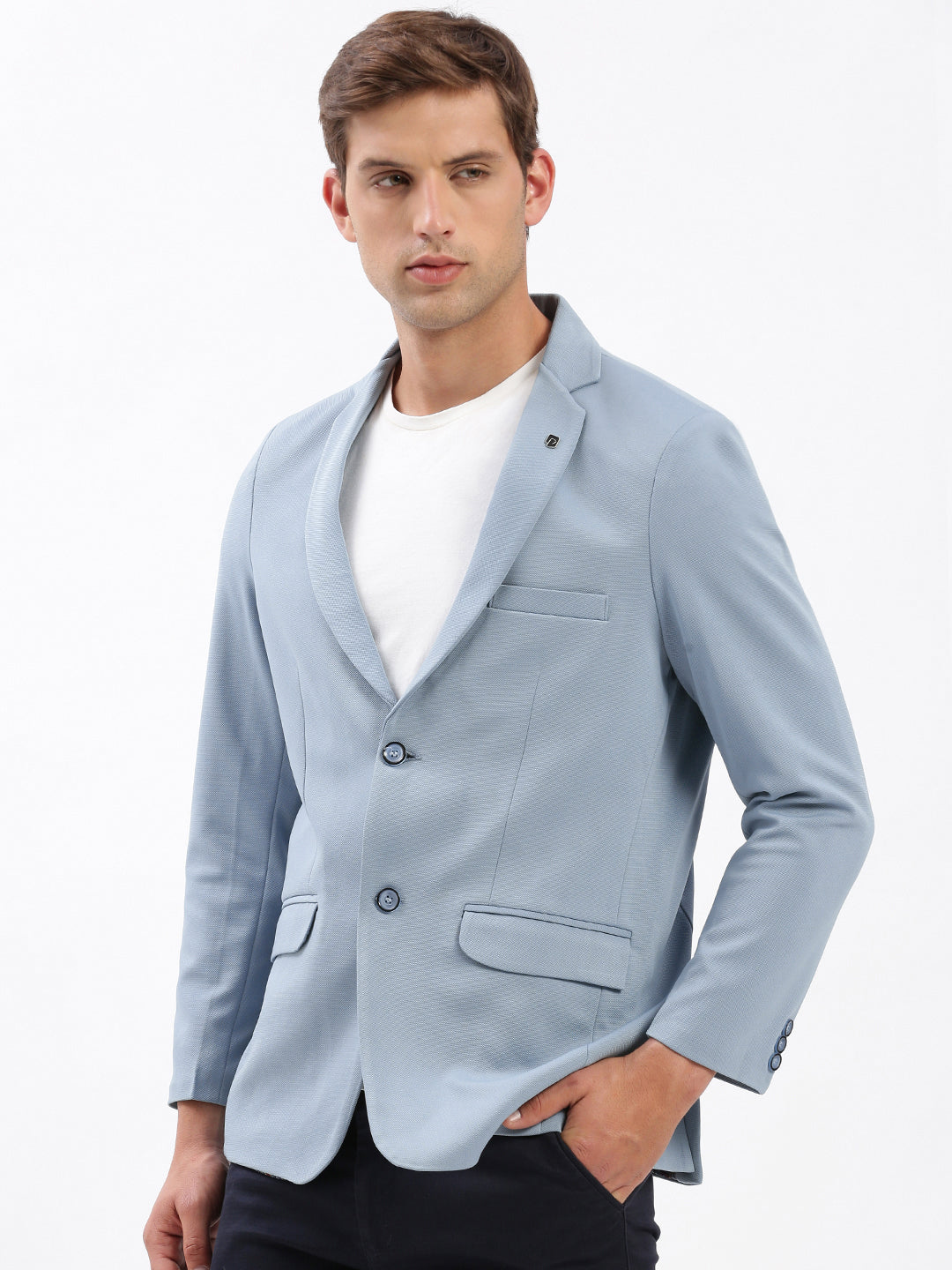 Men's Blue Slim-Fit Notched Lapel Dobby Single Breasted Blazer
