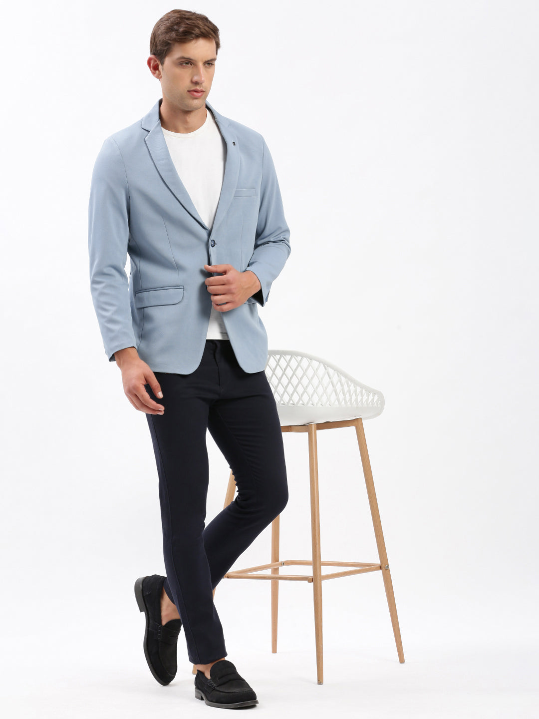 Men's Blue Slim-Fit Notched Lapel Dobby Single Breasted Blazer