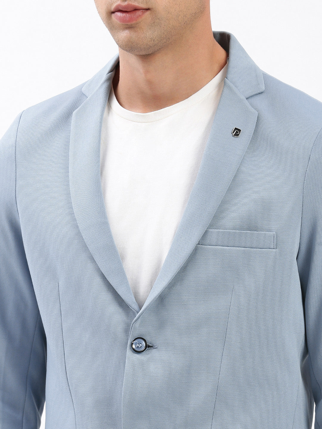 Men's Blue Slim-Fit Notched Lapel Dobby Single Breasted Blazer