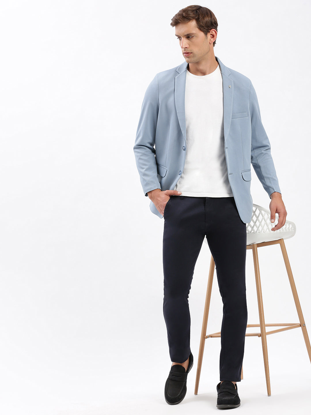 Men's Blue Slim-Fit Notched Lapel Dobby Single Breasted Blazer