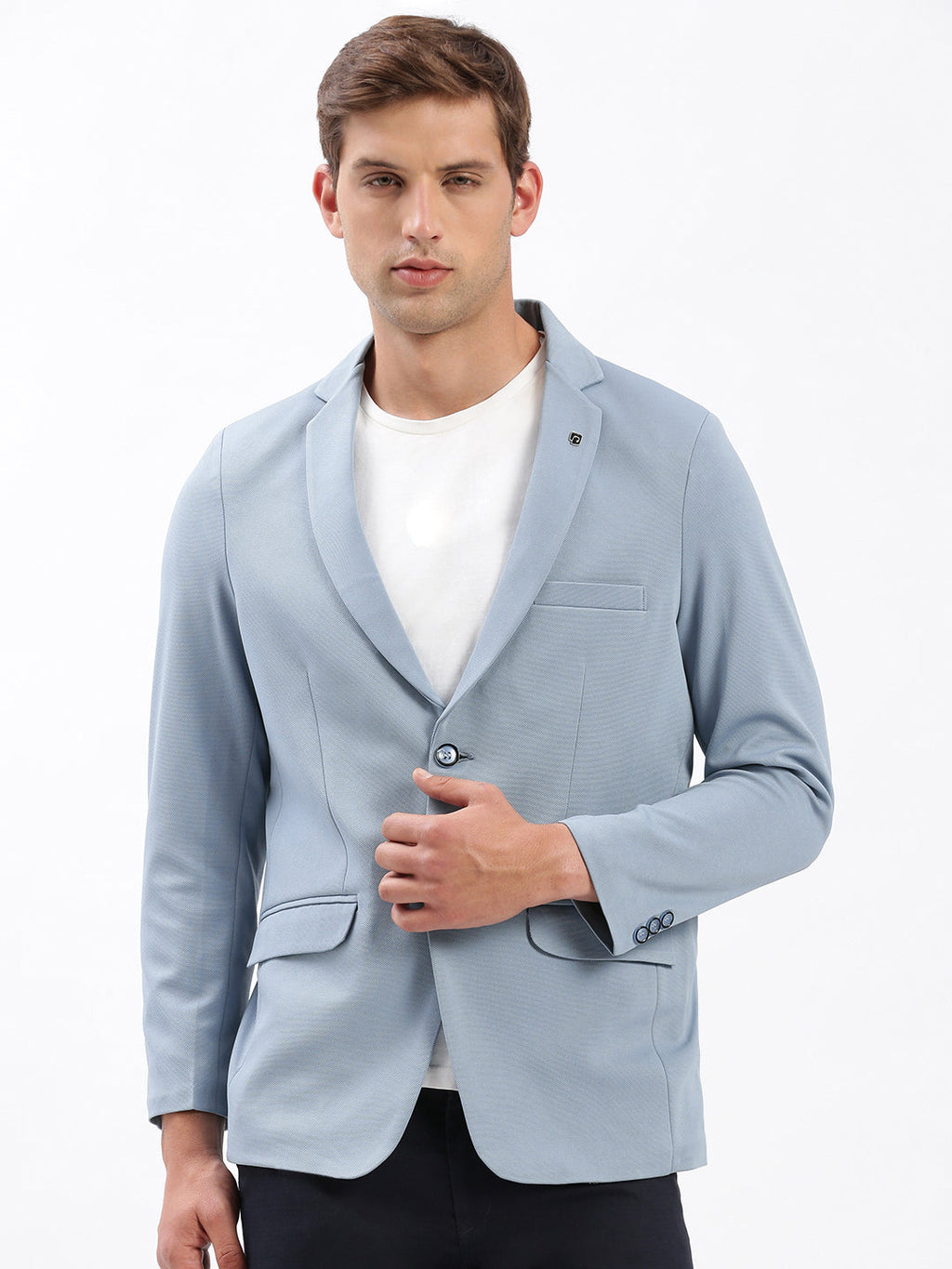 Men's Blue Slim-Fit Notched Lapel Dobby Single Breasted Blazer