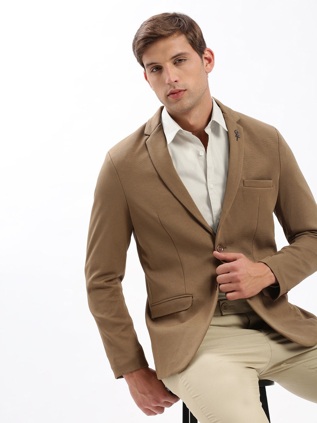 Men's Notched Lapel Solid Brown Blazer
