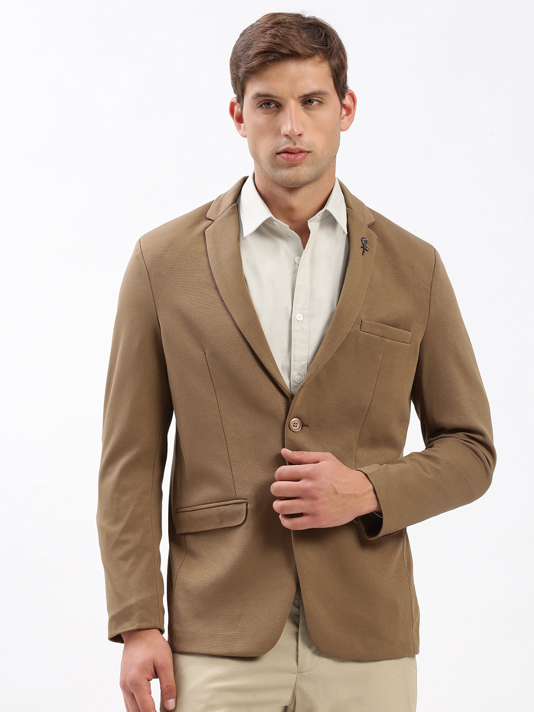 Men's Notched Lapel Solid Brown Blazer