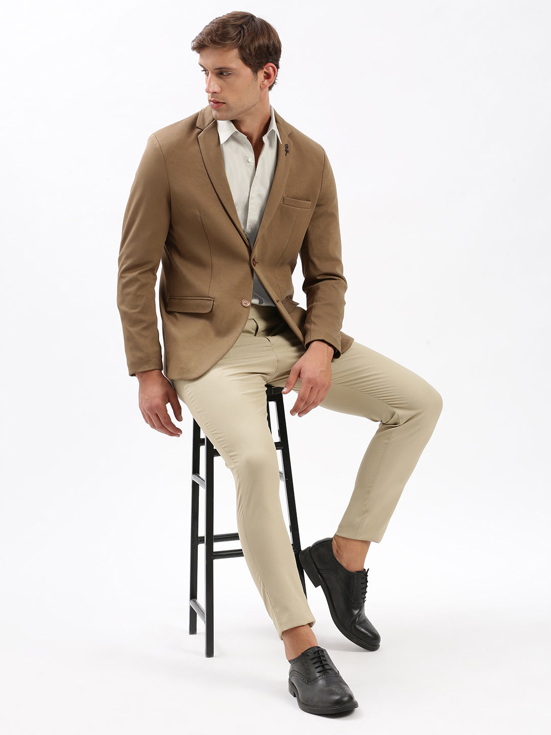 Men's Notched Lapel Solid Brown Blazer