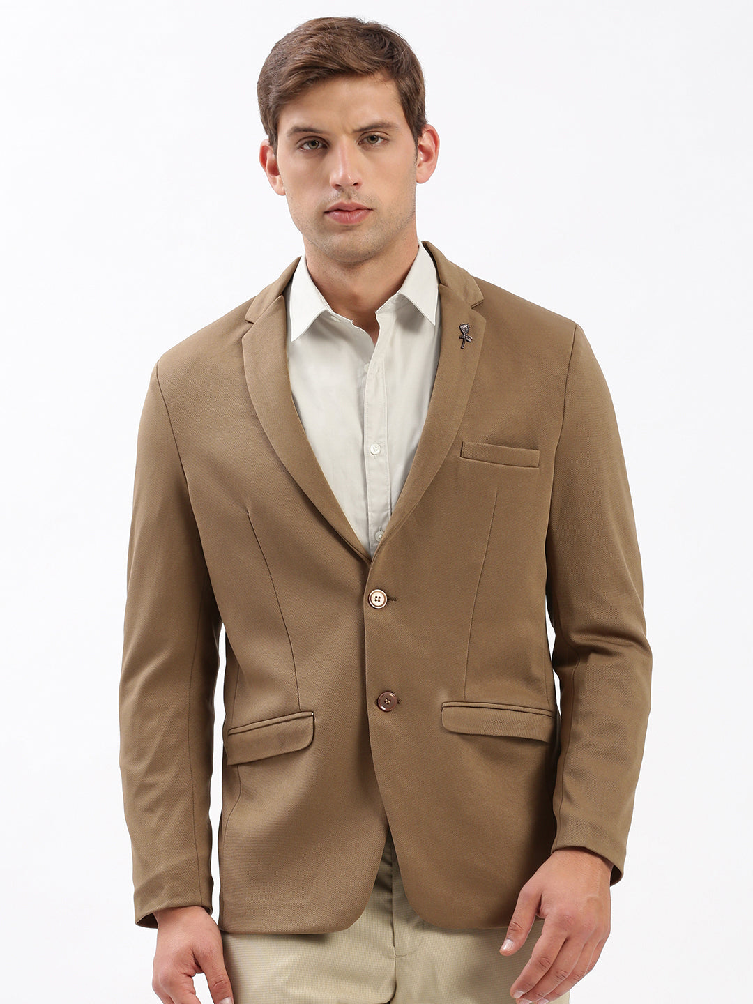 Men's Notched Lapel Solid Brown Blazer