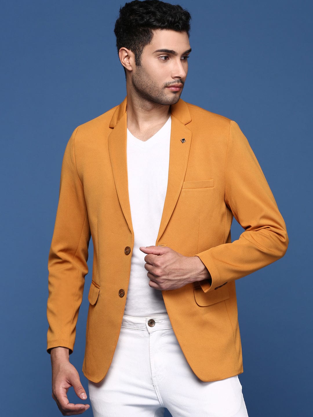 Men's Mustard Notched Lapel Slim Fit Single Breasted Blazer