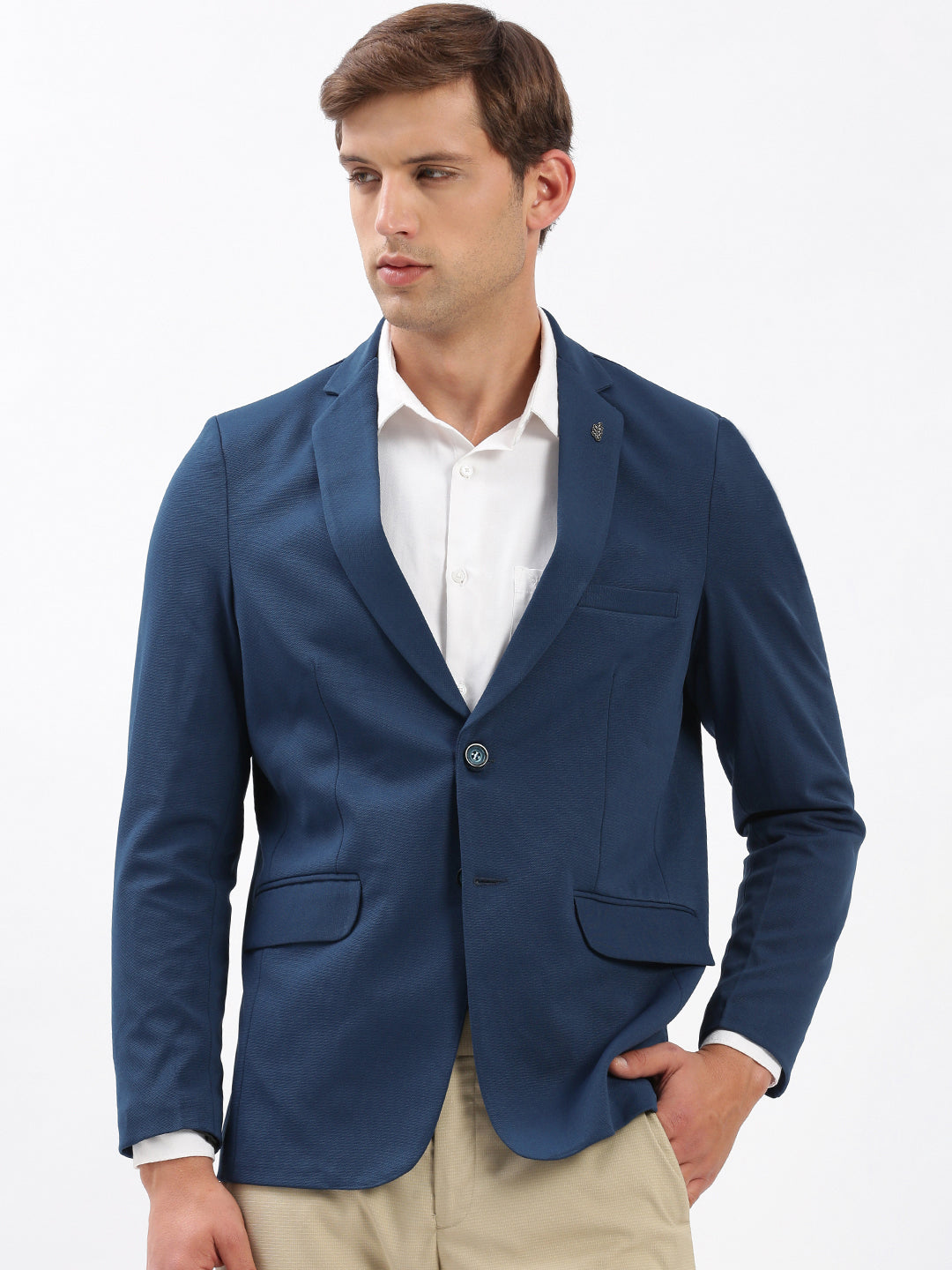 Men's Notched Lapel Solid Teal Blazer