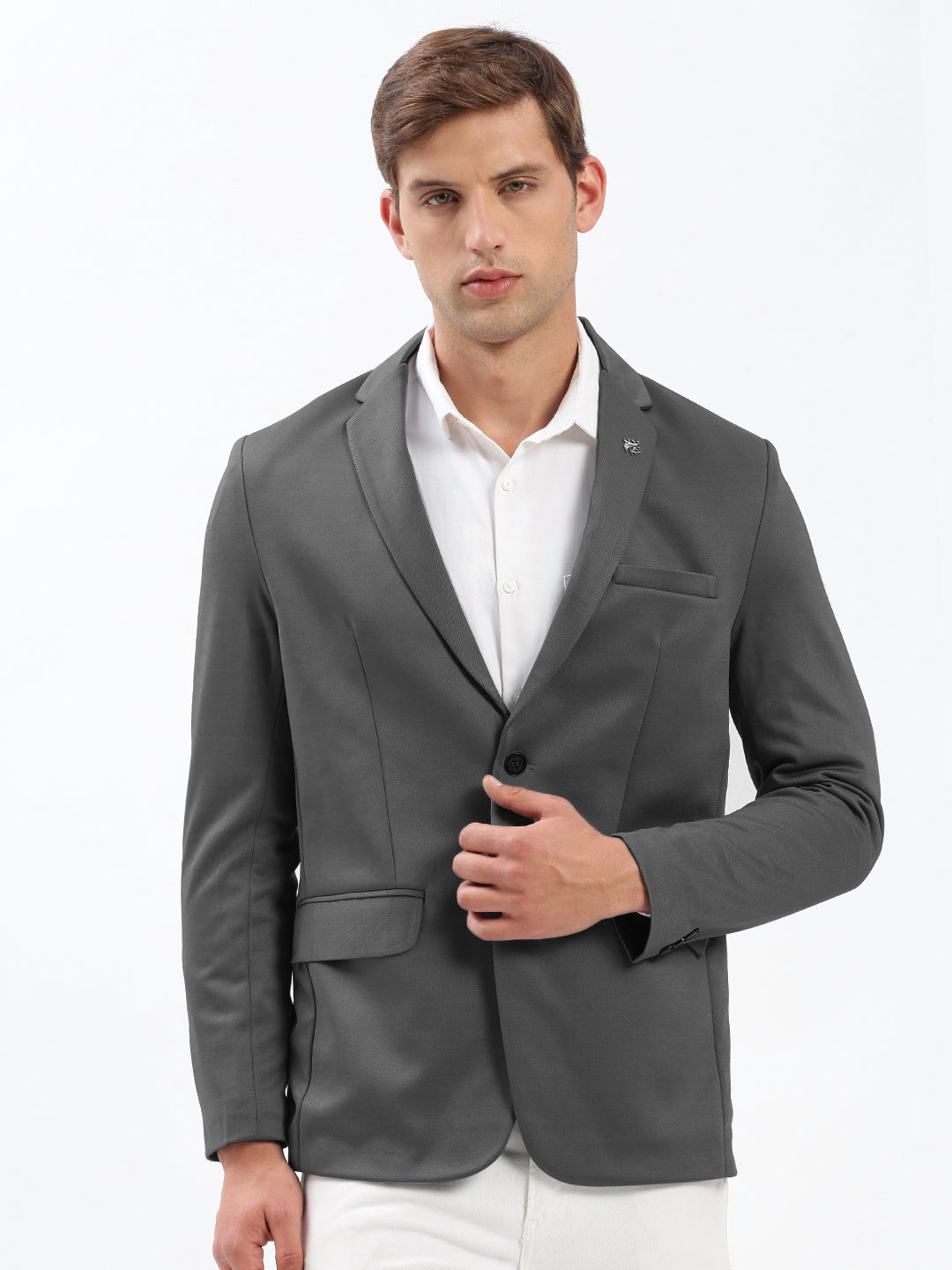 Men's Grey Solid Single Breasted Blazer