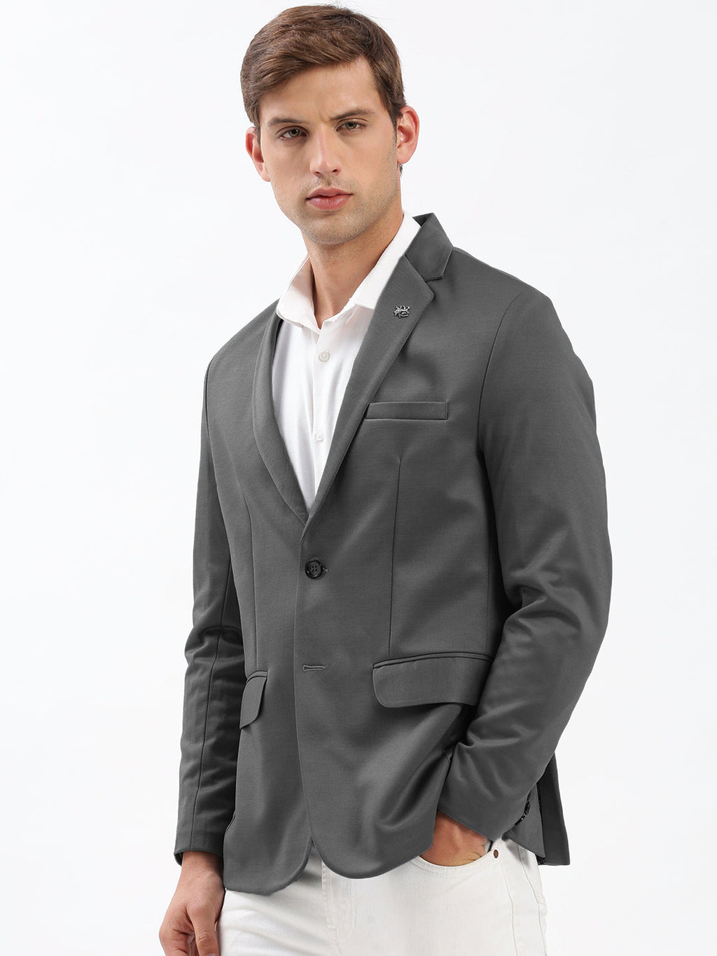 Men's Grey Solid Single Breasted Blazer