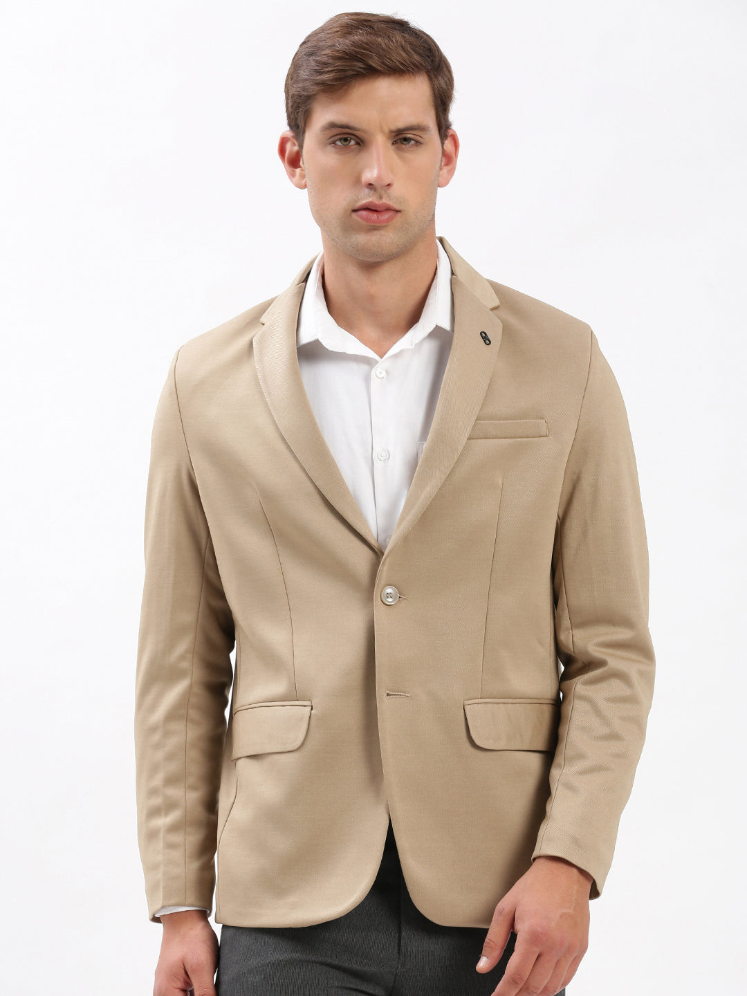 Men's Beige Notched Lapel Collar Slim-Fit Single Breasted Blazer