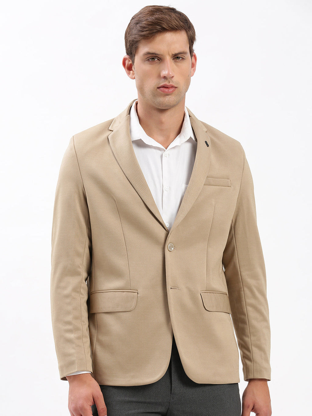Men's Beige Notched Lapel Collar Slim-Fit Single Breasted Blazer