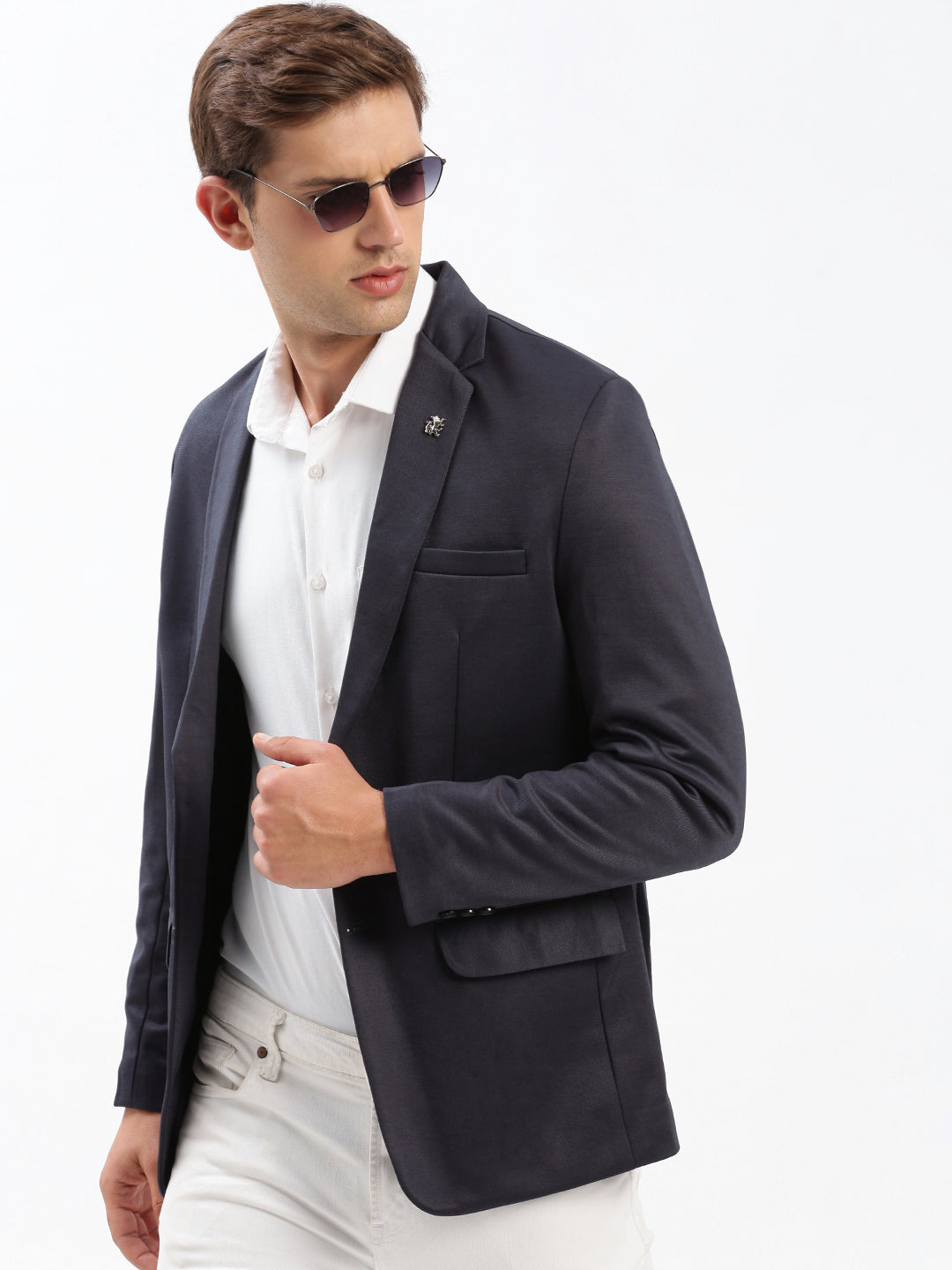 Men's Notched Lapel Solid Navy Blue Blazer