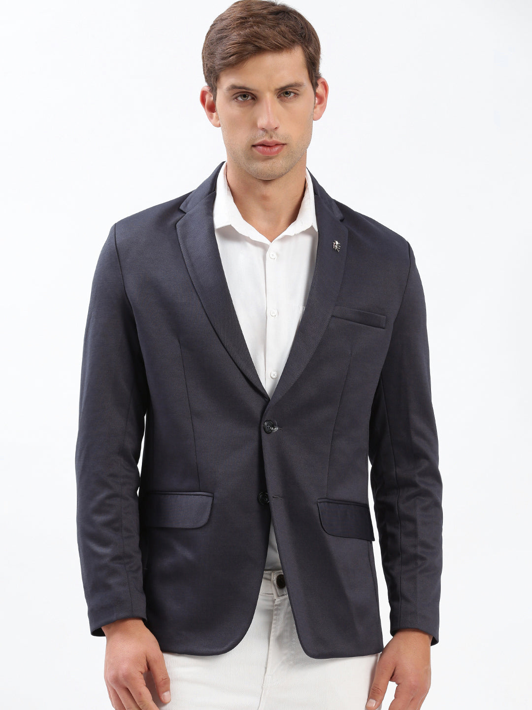 Men's Notched Lapel Solid Navy Blue Blazer