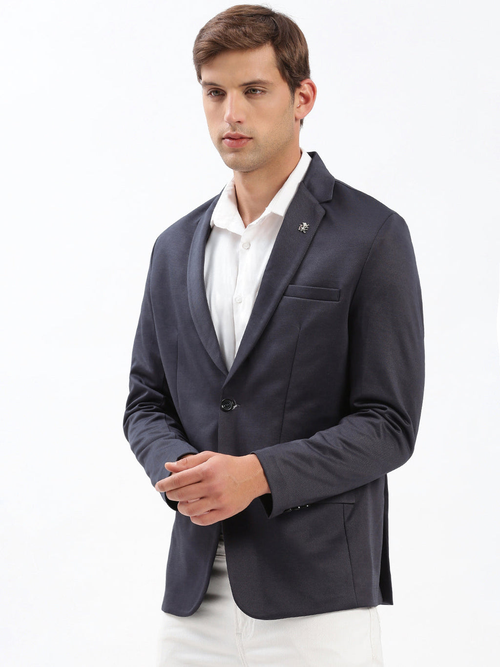 Men's Notched Lapel Solid Navy Blue Blazer