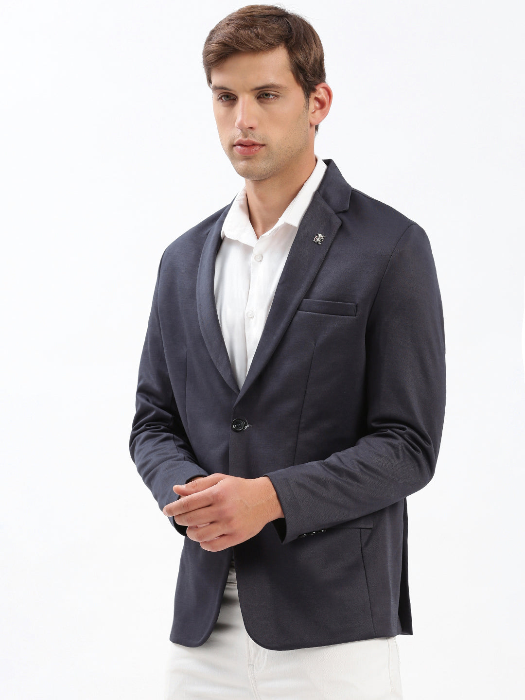 Men's Notched Lapel Solid Navy Blue Blazer