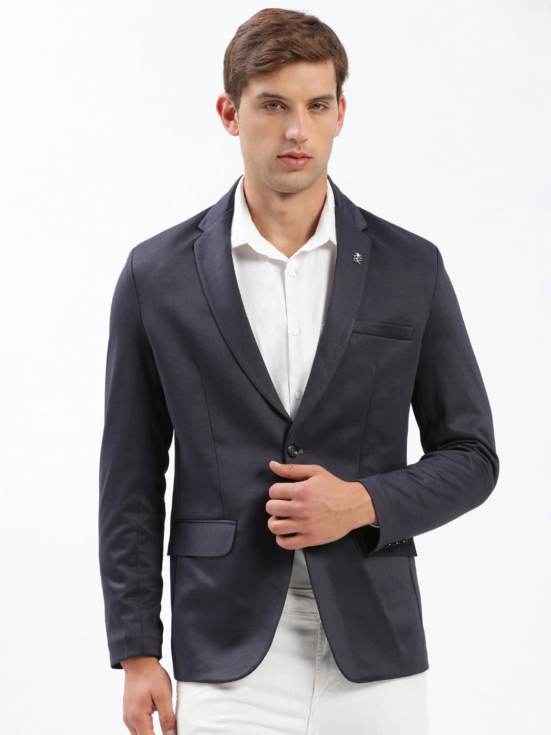 Men's Notched Lapel Solid Navy Blue Blazer