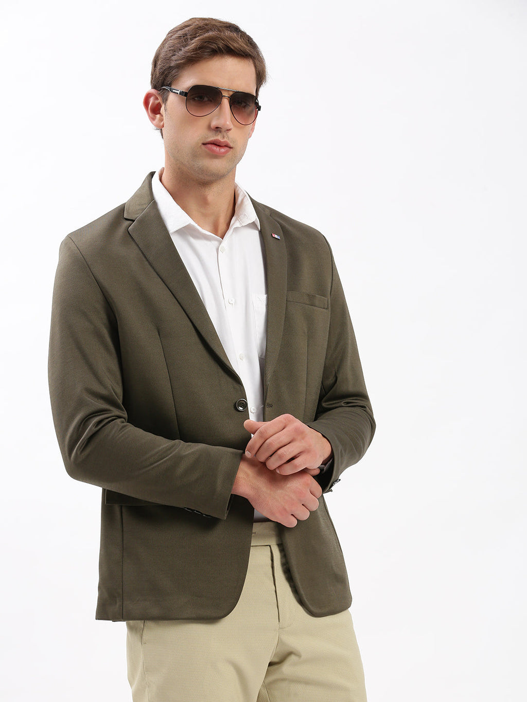 Men's Olive Slim-Fit Notched Lapel Collar Single-Breasted Blazer