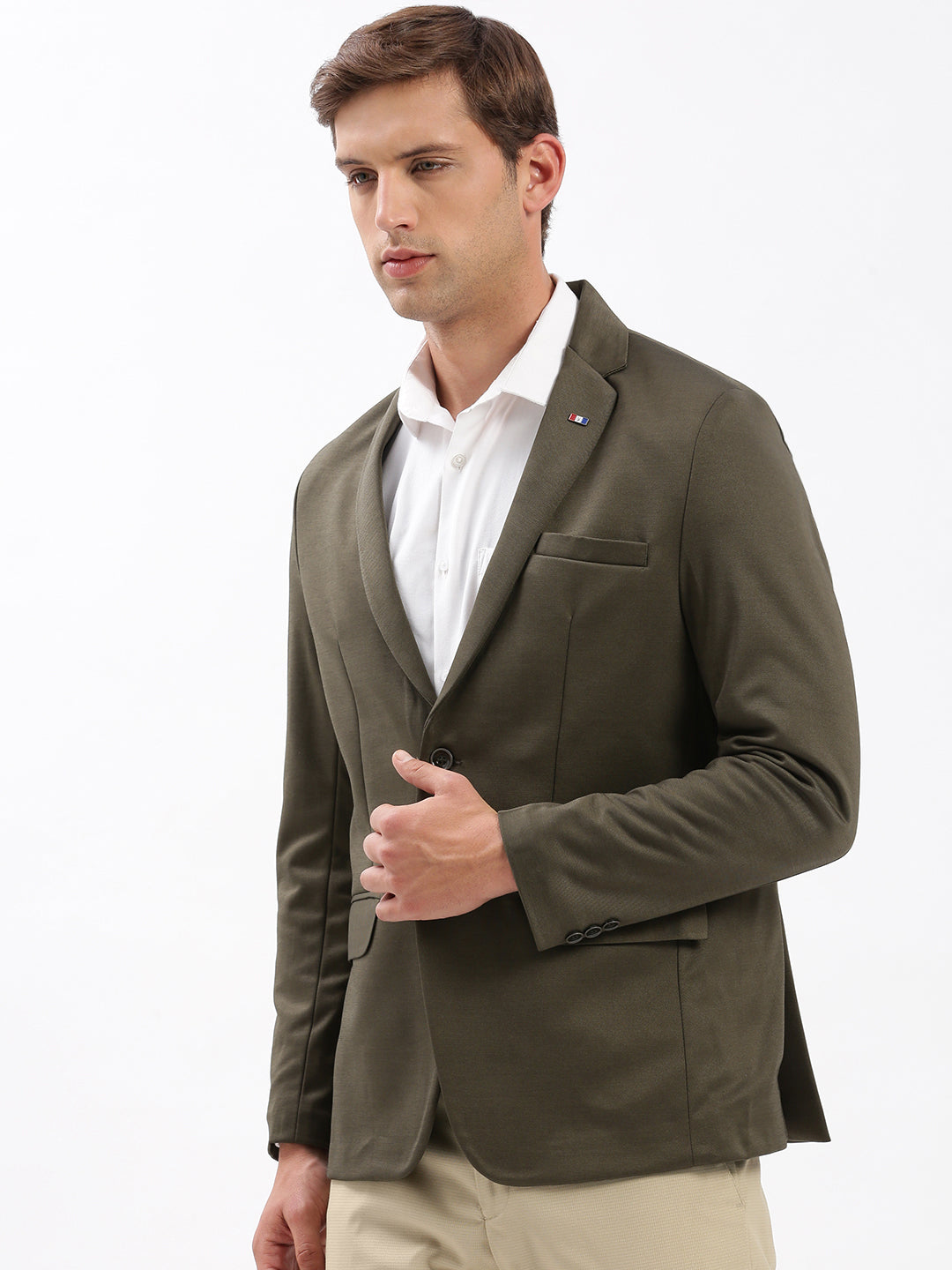 Men's Olive Slim-Fit Notched Lapel Collar Single-Breasted Blazer