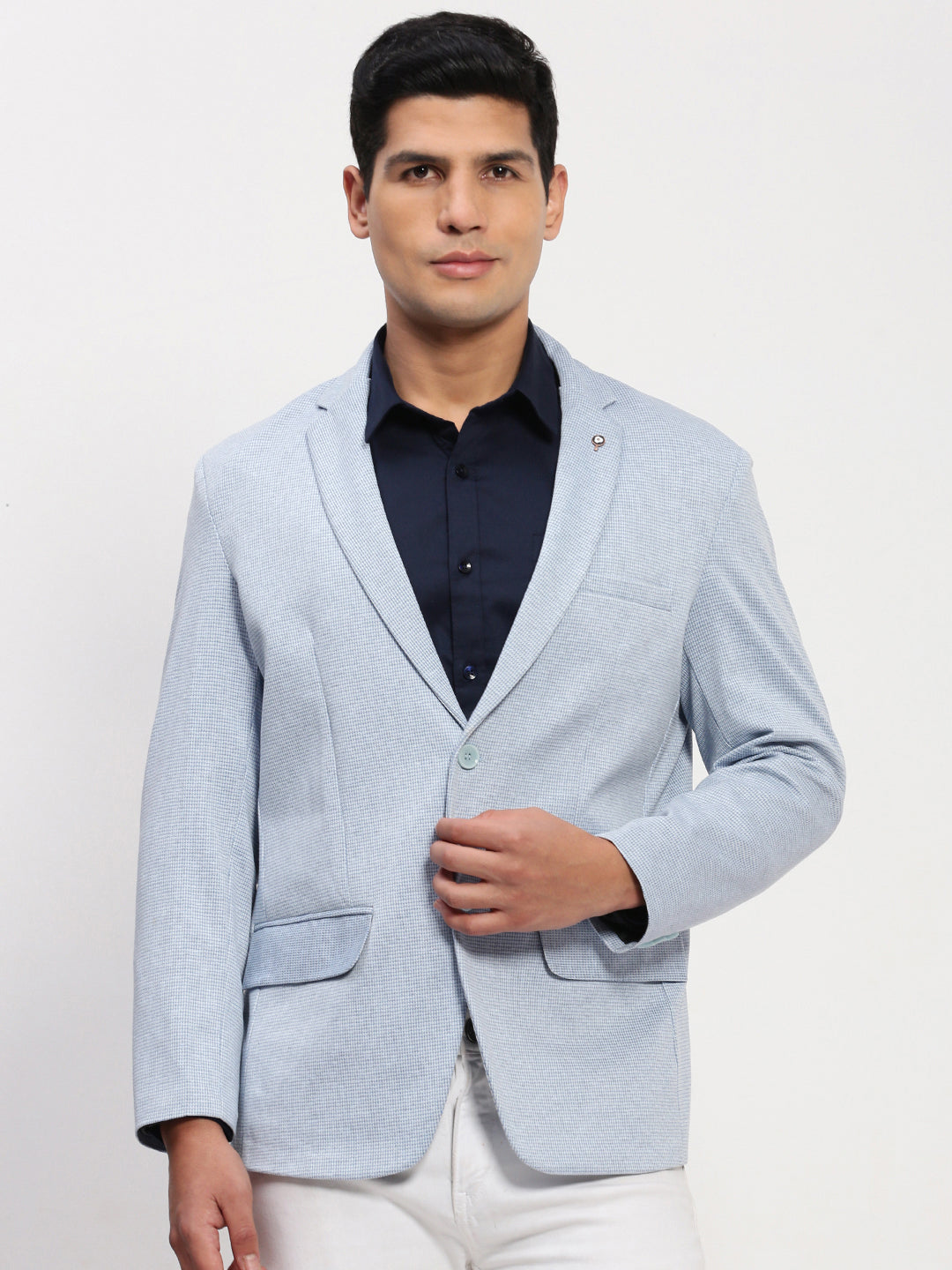 Men's Blue Self Design Single Breasted Blazer