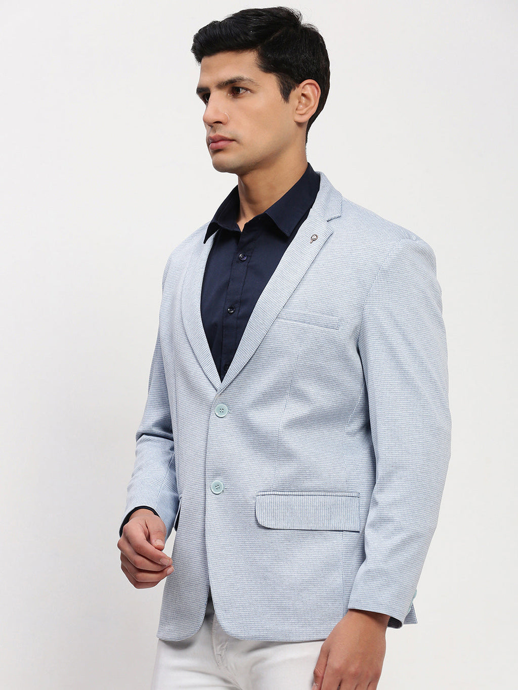 Men's Blue Self Design Single Breasted Blazer