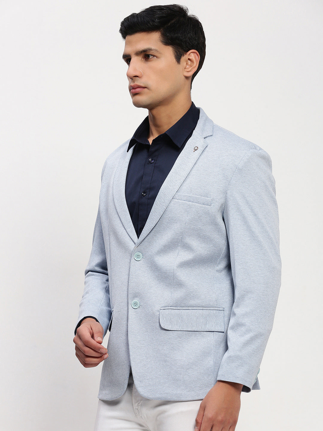 Men's Blue Self Design Single Breasted Blazer