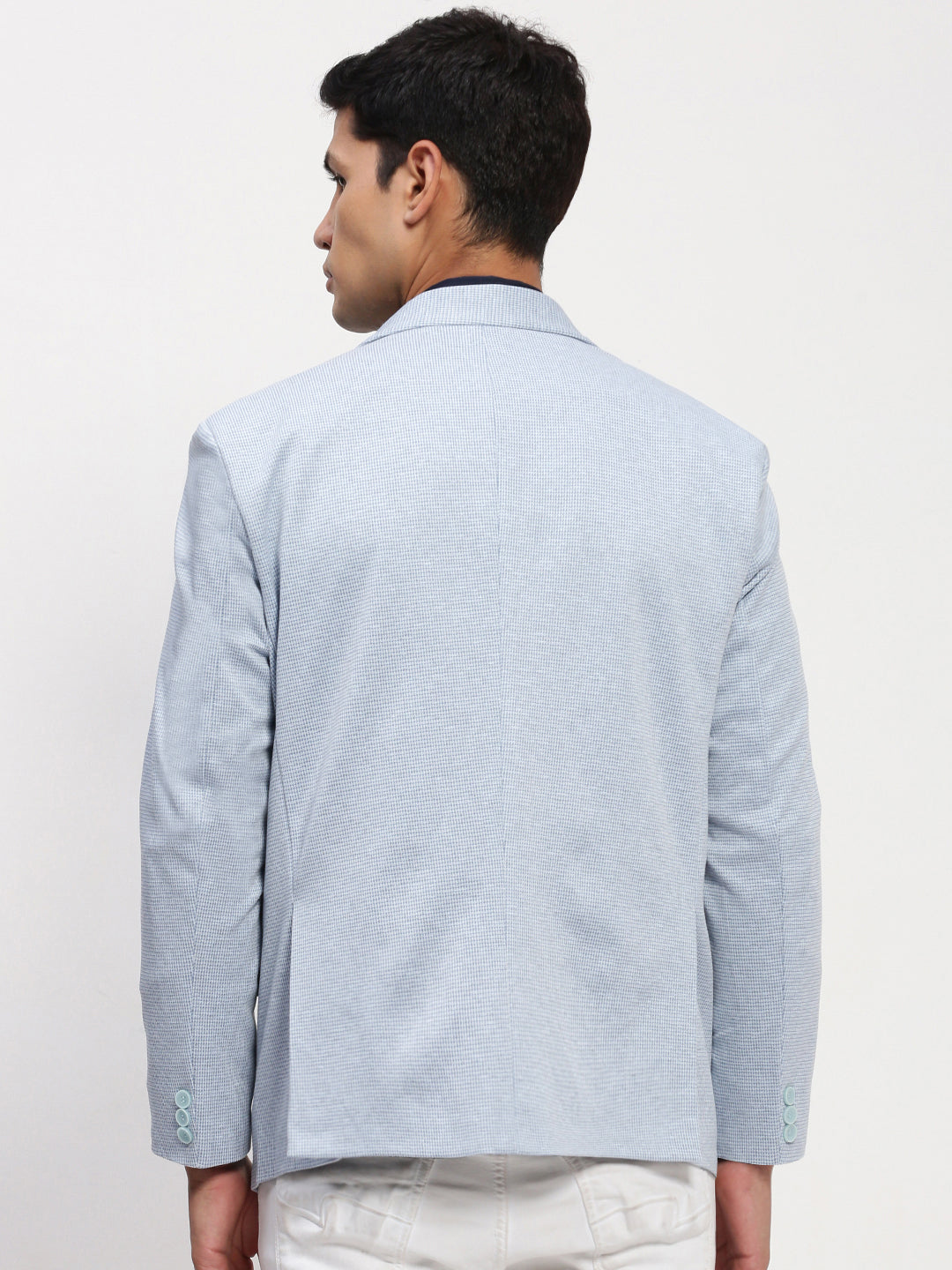 Men's Blue Self Design Single Breasted Blazer