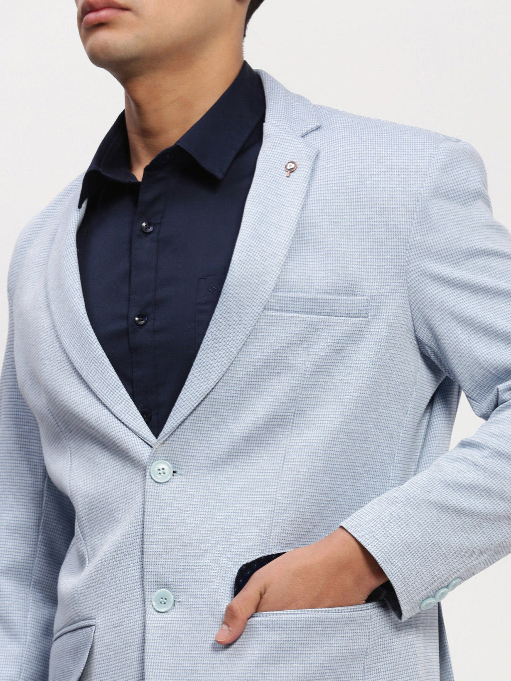 Men's Blue Self Design Single Breasted Blazer