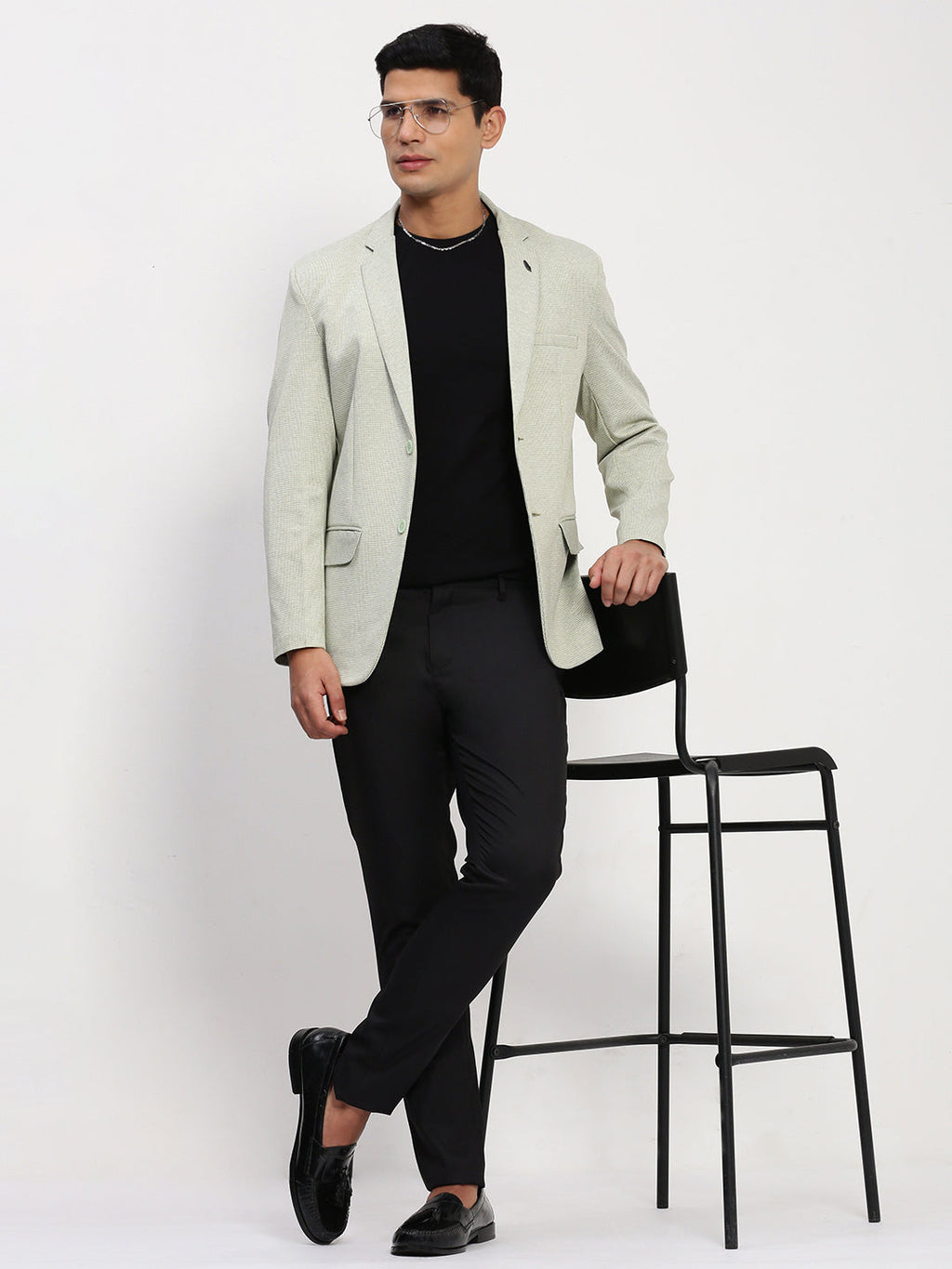 Men's Green Self Design Single Breasted Blazer