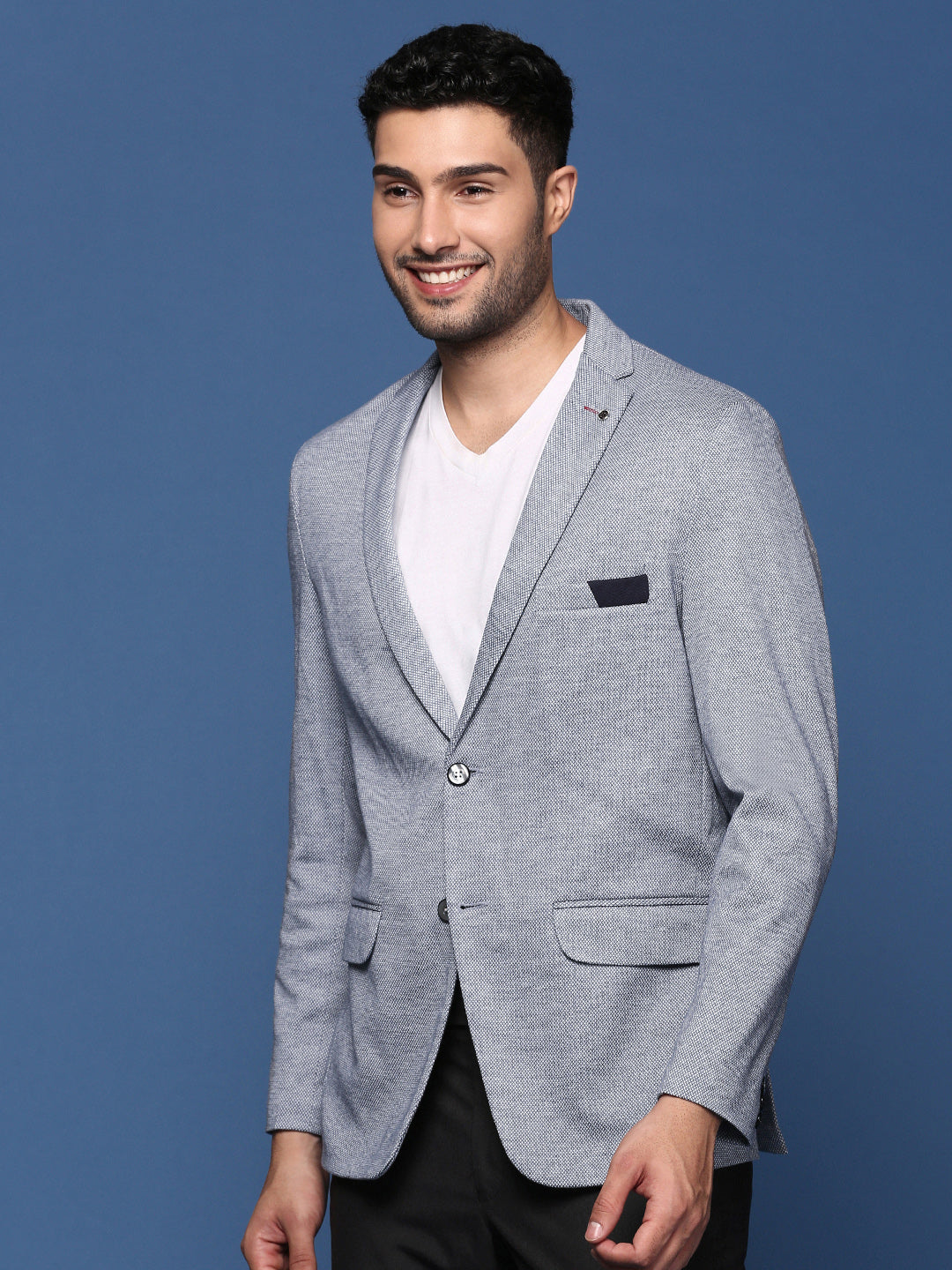 Men's Navy Blue Solid Single Breasted Blazer
