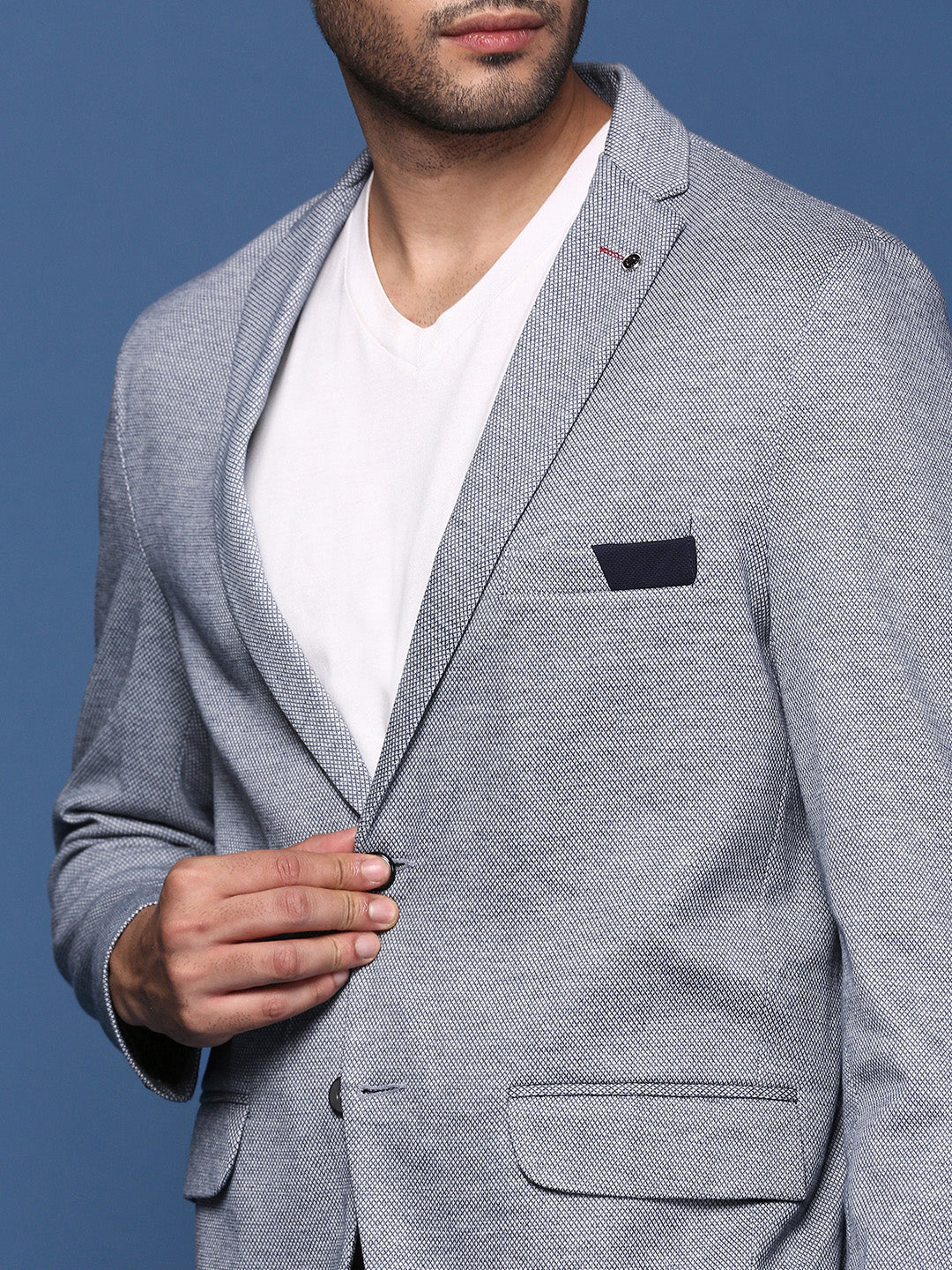 Men's Navy Blue Solid Single Breasted Blazer
