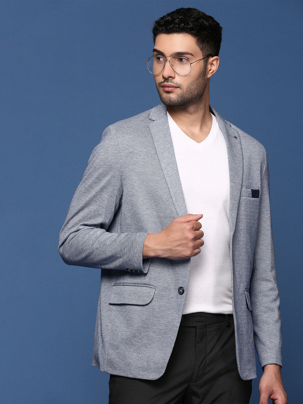 Men's Navy Blue Solid Single Breasted Blazer