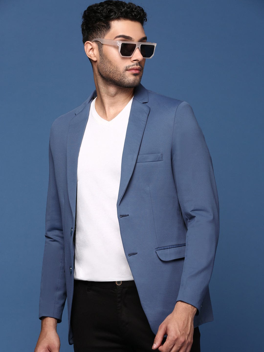 Men's Blue Slim Fit Cotton Single Breasted Blazer