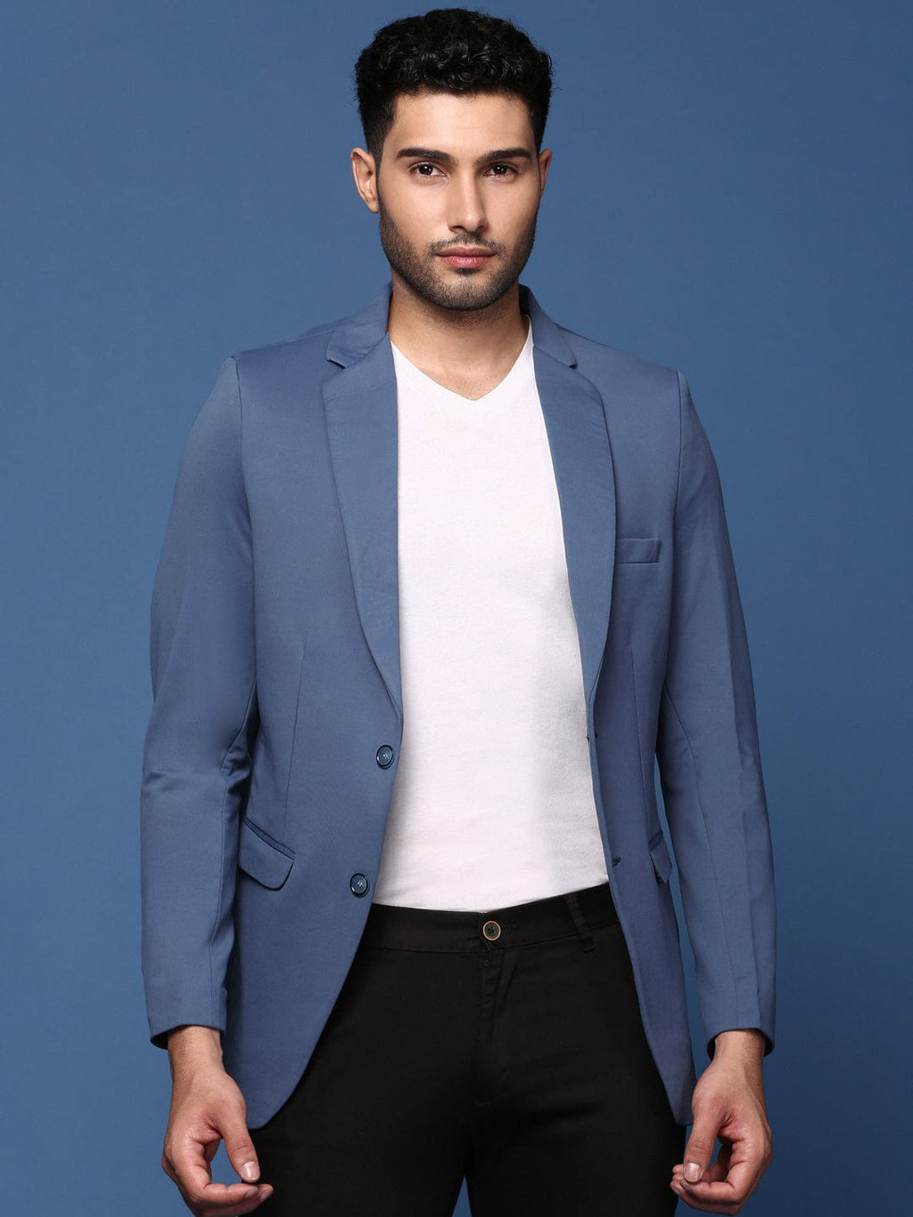 Men's Blue Slim Fit Cotton Single Breasted Blazer