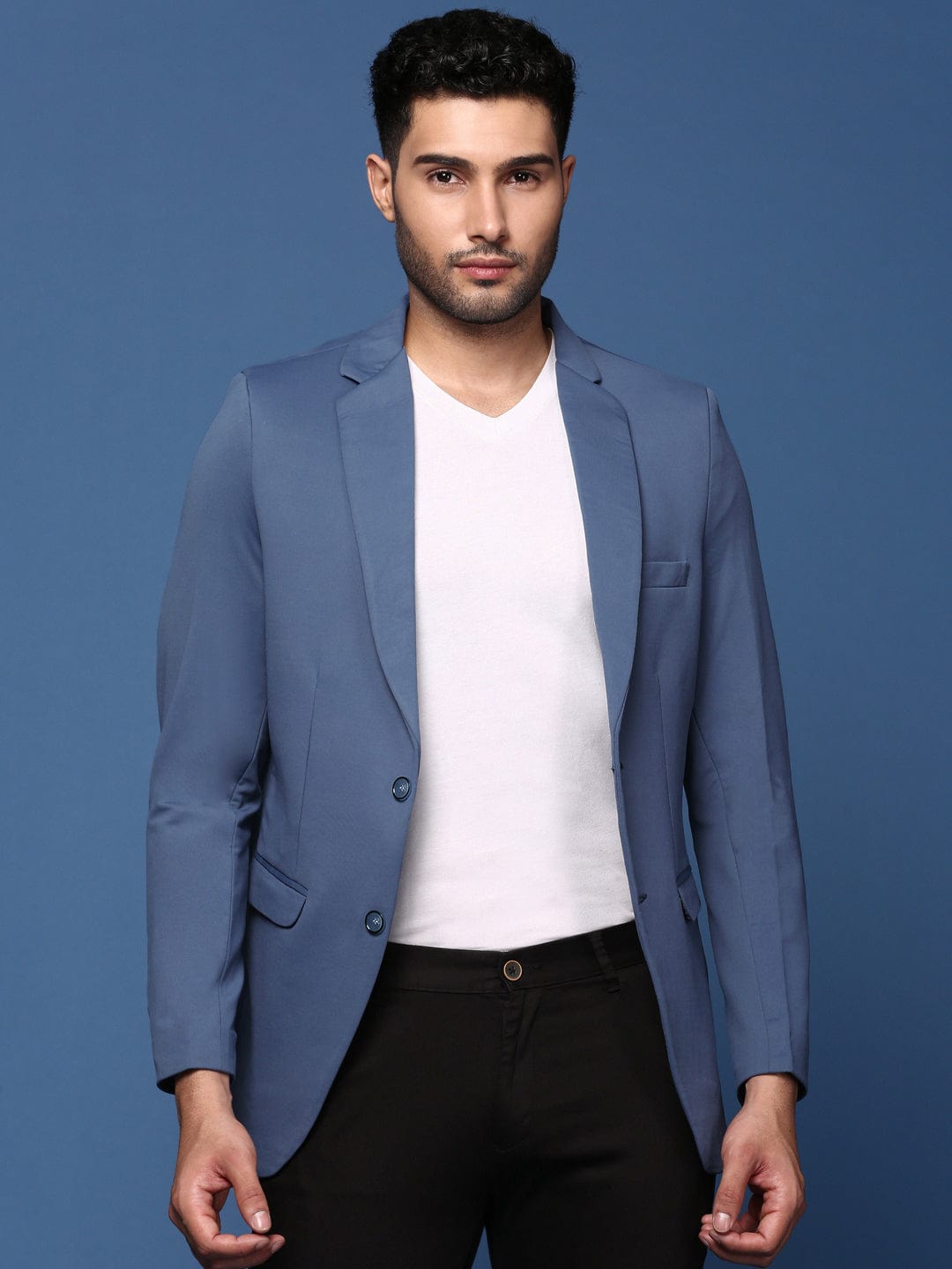 Men's Blue Slim Fit Cotton Single Breasted Blazer